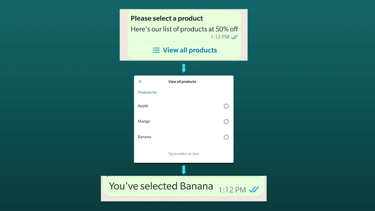Demo of sending a list of selectable options using Whatsapp API