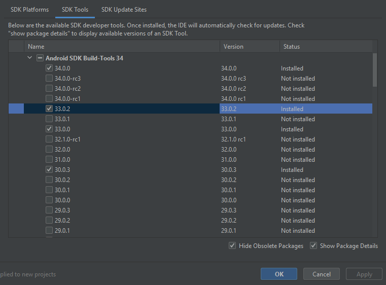 SDK manager's build tools tab