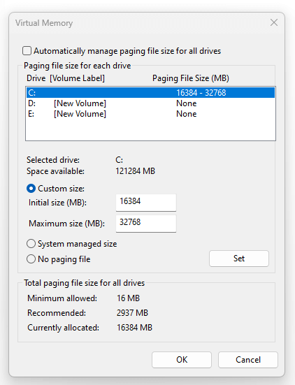 virtual memory settings